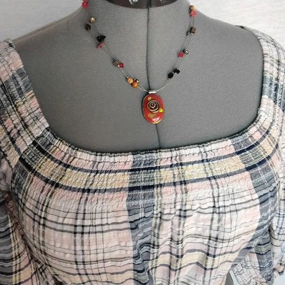 Arizona Jean Company Size L Blouse Blue Pink White Puff Sleeves - Picture 6 of 9